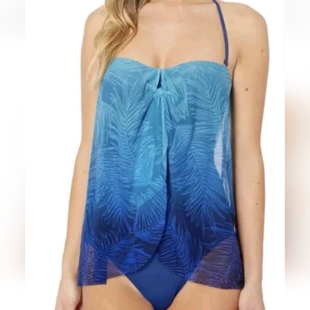 NWT Ralph Lauren Blue Ombré Palm Flyaway Tie Layered Removable Halter Top Sz 10